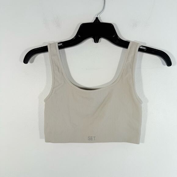 Set Active Gray Taupe Ribbed Scoop Neck Sports Bra Crop Tank Top Medium - Picture 1 of 7
